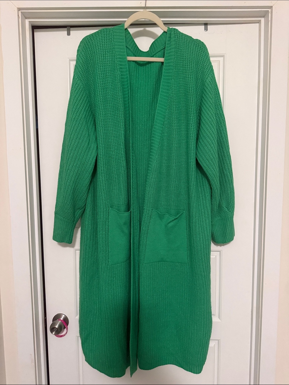 Green Open-Front Long Knit Cardigan Sweater